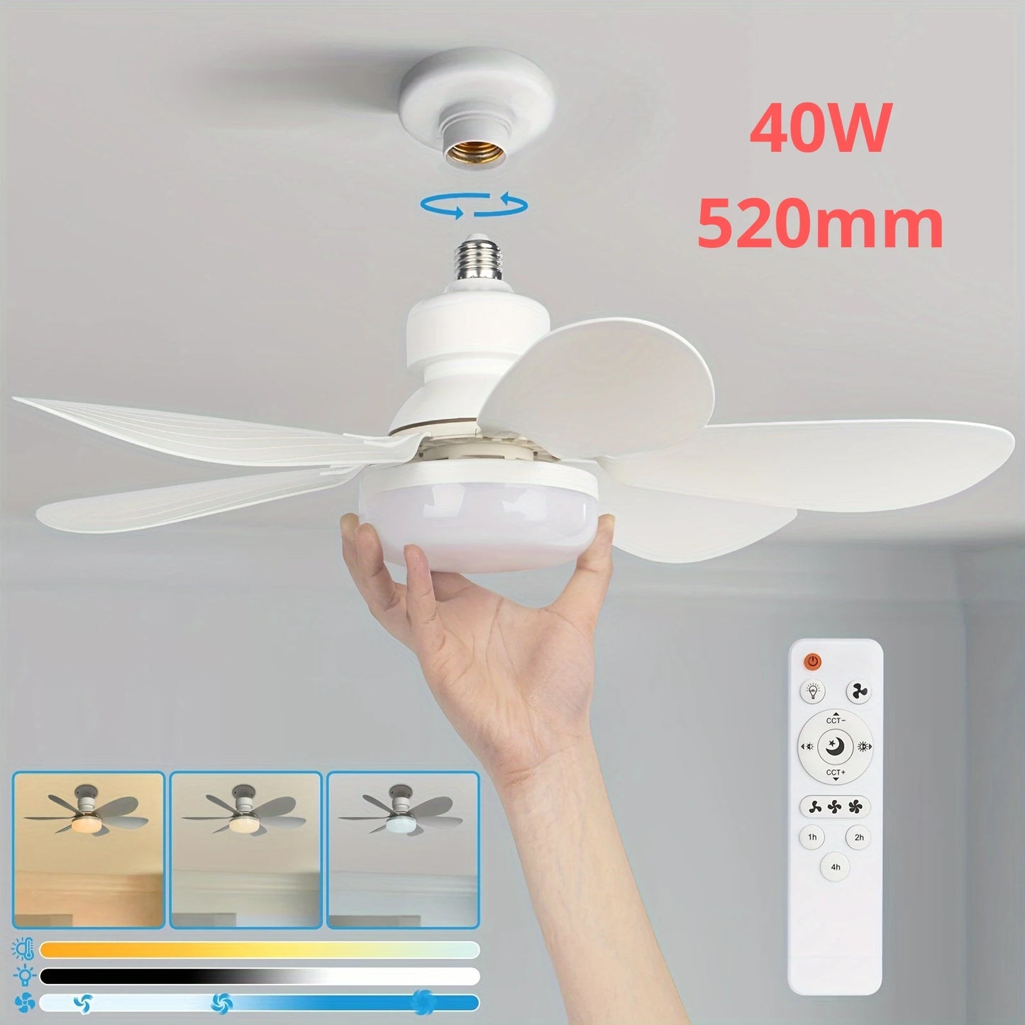 40W Socket Fan Light, 21.5" Screw Ceiling Fan with Light and Remote, E27 Socket Fan with LED for Bathroom, Bedroom, Kitchenfor