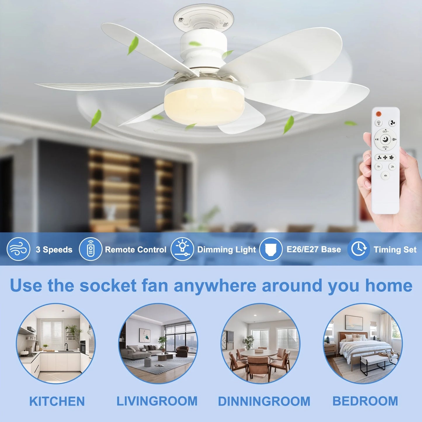 40W Socket Fan Light, 21.5" Screw Ceiling Fan with Light and Remote, E27 Socket Fan with LED for Bathroom, Bedroom, Kitchenfor